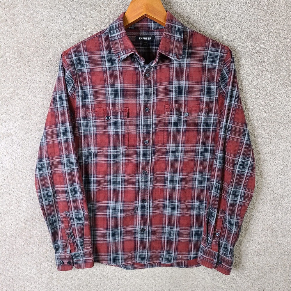 Express Shirt Mens Small Red Plaid Button Down Cotton Blend Long Sleeve Casual